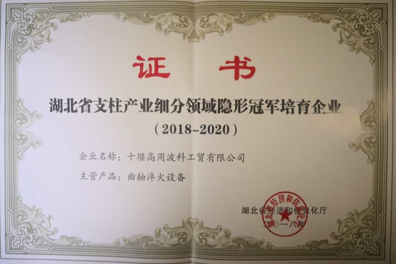 8-2018年曲軸淬火設備獲得湖北省支柱產(chǎn)業(yè)細分領域隱形冠軍培育企業(yè).jpg